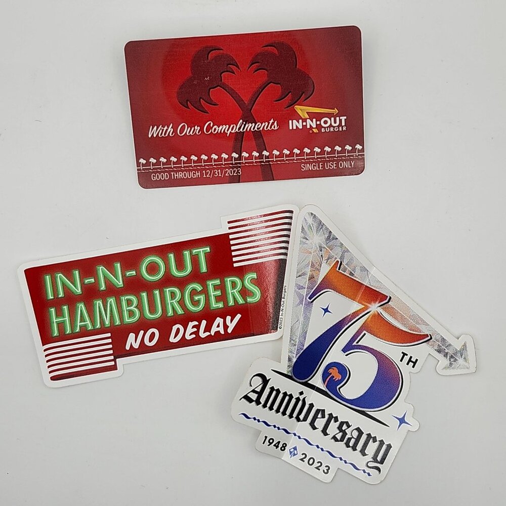 3 In-N-Out Burger Stickers 1With Our Compliments No Value Gift Card 2019